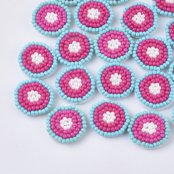 Glass Seed Beads Cabochons, Cluster Beads, with Non-Woven Fabric, Flat Round, Camellia, 17~18x3.5~4mm