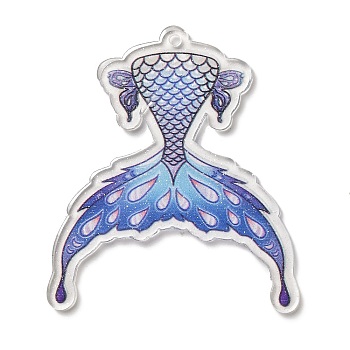 Printed Transparent Acrylic Pendants, Mermaid Tails, Dark Blue, 57x50x2mm, Hole: 2mm