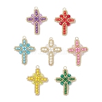 7Pcs 7 Colors Glass Seed Beaded Cross Pendants, with Glass & 304 Stainless Steel Jump Rings, Real 18K Gold Plated, Mixed Color, 32.5x26x4.5mm, Hole: 3mm, 1pc/color(PALLOY-MZ00826)