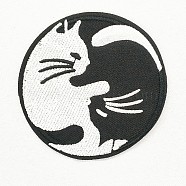 Computerized Embroidery Cloth Iron on/Sew on Patches, Costume Accessories, Appliques, Flat Round with Cat Shape, Black & White, 75mm(DIY-O003-28)