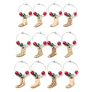 Wood Wine Glass Charms, with Glass Beads, Socks, Mixed Color, 50mm, 12pcs/set(AJEW-JO00244)