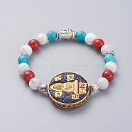 Buddhist Theme Guan Yin Stretch Bracelets, with Brass Handmade Indonesia Beads, Natural Howlite, Synthetic Turquoise Round Beads and Tibetan Style Alloy Beads, 2-1/8 inch(5.5cm)(BJEW-JB04873-03)