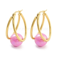Ion Plating(IP) 304 Stainless Steel & Plastic Imitation Pearl Oval with Ball Hoop Earrings for Women, with 316 Stainless Steel Pins, Hot Pink, 32x15.5x19.5mm(EJEW-C096-13G-05)
