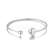 SHEGRACE Rhodium Plated 925 Sterling Silver Cuff Bangle, with Heart and Bead, Torque Bangles, Platinum, 55mm(2-1/8 inch)(JB326A)
