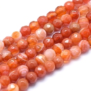 Natural Striped Agate/Banded Agate Beads, Dyed, Faceted Round, Coral, 6mm, Hole: 1mm, about 61pcs/strand, 14.3 inch(36.5cm)(X-G-J371-15-6mm)