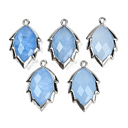 Dyed Natural Jade Faceted Leaf Pendants, Rack Plating Brass Charms, Platinum, Sky Blue, 23x13.5x5.5mm, Hole: 1.2mm(G-I375-04P-17)