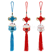 AHADEMAKER 3Pcs 3 Colors Ceramic Lucky Cat Car Pendant Decorations, Chinese Knot Hanging Ornament, with Polyester Tassel, Mixed Color, 326mm, 1pc/color(HJEW-GA0001-29)