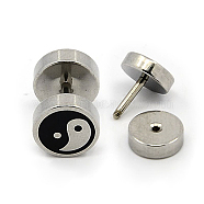 Feng Shui Punk Rock Style 304 Stainless Steel Screw Fit Ear Gauges, Earlobe Plugs, with Enamel, Yin Yang, 12mm, Pin: 1mm(EJEW-J011-29D)