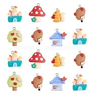 30Pcs 6 Styles Forest Theme Opaque Resin Pendants, House & Mushroom & Tree & Squirrel & Hedgehog & Castle, Mixed Color, 21.5x19.5mm~22.5x22.8, 5pcs/style(JX179A)