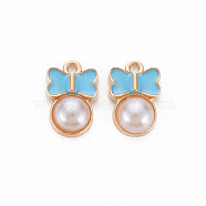 Alloy Enamel Charms, with ABS Plastic Imitation Pearl, Bowknot, Light Gold, Cyan, 15x10x4mm, Hole: 1.2mm(ENAM-S121-058C-NR)