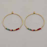 Glass Seed Beaded Hoop Earrings, Boho Beach Earrings, Dark Red, 30x30mm(XS8443-9)
