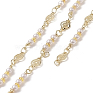 Rack Plating Golden Brass Flat Round with Heart Link Chains, with Plastic Pearl Beaded, Unwelded, with Card Paper, White, 19~19.5x3x3mm, 8x5x0.5mm(CHC-C026-26)
