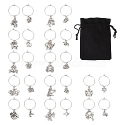 48Pcs 24 Style 12 Constellations Alloy Wine Glass Charms with Rhinestone, with 316 Surgical Stainless Steel Hoop Earring Findings, Antique Silver, 44~57mm, Pin: 0.7mm, 2Pcs/style(AJEW-TAC00002)