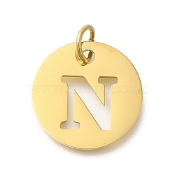 Ion Plating(IP) 304 Stainless Steel Pendants, with Jump Ring, Laser Cut, Flat Round with Letter Charm, Real 18K Gold Plated, Letter N, 20x1mm, Hole: 4.5mm(STAS-M074-01G-N)