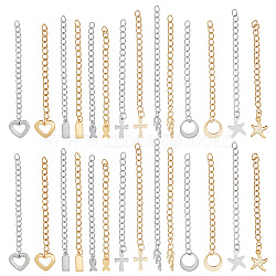 Elite 28Pcs 14 Style 304 Stainless Steel Chain Extender, Curb Chain with 202 Stainless Steel Charms for End Chains, Cross & Ring & Starfish & Rectangle, Golden & Stainless Steel Color, 59~71mm, 2Pcs/style(STAS-PH0004-70)