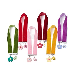 6Pcs 6 Colors Velvet Ribbon Bookmarks, Flower Opaque Resin Pendant Bookmarks , Mixed Color, 355~360x20x2mm, 1pc/color(AJEW-JK00268)