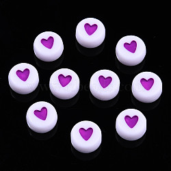 Opaque Acrylic Beads, with Enamel, Flat Round with Heart, Blue Violet, 7x3.5mm, Hole: 1.2mm, about 3600~3700pcs/500g(MACR-N008-57D)