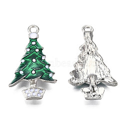 Alloy Christmas Tree Enamel Pendants For Christmas Day, Platinum, Green, 34x19.5x3mm, Hole: 1mm(X-ENAM-R041-14)