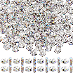 SOFPLATE 200Pcs Brass Rhinestone Spacer Beads, Grade A, Straight Flange, Silver Color Plated, Rondelle, Crystal AB, 6x3mm, Hole: 1mm, 200pcs/set(RB-SP0001-01A)