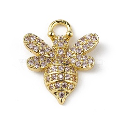 Rack Plating Brass Micro Pave Cubic Zirconia Pendants, Bee Charm, Cadmium Free & Lead Free, Long-Lasting Plated, Real 18K Gold Plated, Pink, 18x15x3mm, Hole: 3mm(KK-C019-13G-01)
