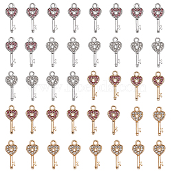 40Pcs 4 Colors Alloy Rhinestone Pendants, Heart Key, Platinum & Golden, 25x11x2mm, Hole: 2.5mm, 10Pcs/color(RB-CA0001-02)