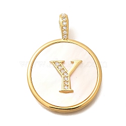 Rack Plating Brass Micro Pave Clear Cubic Zirconia Pendants with Shell, Letter Series Charms, Long-Lasting Plated, Lead Free & Cadmium Free, Letter Y, 32x24x3.5mm, Hole: 6x3mm(KK-M309-42G-Y)