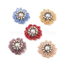 Handmade Glass Seed Beads Woven Beads, with Plastic Imitation Pearl Beads, Flower, Mixed Color, 30~35x10mm(PALLOY-JF00499)