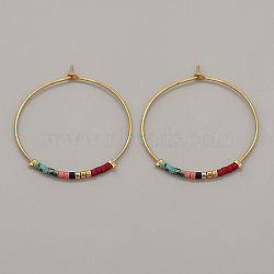 Glass Seed Beaded Hoop Earrings, Boho Beach Earrings, Dark Red, 30x30mm(XS8443-9)
