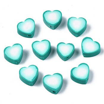 Handmade Polymer Clay Beads, Heart, Light Sea Green, 9x9~10x4~5mm, Hole: 1.5mm
