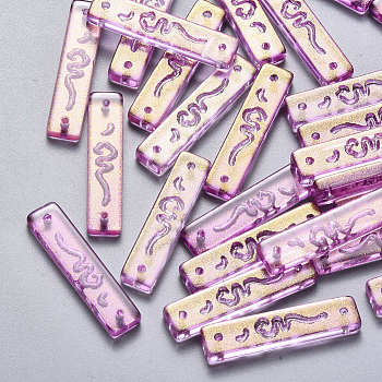 Transparent Spray Painted Glass Links connectors, with Glitter Powder, Rectangle, Medium Orchid, 30x7x3mm, Hole: 1.2mm