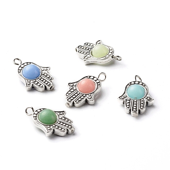 Synthetic Luminous Stone Pendants, with Tibetan Style Alloy Bead Frames & Iron Flat Head Pins, Glow in the Dark, Hamsa Hands, Antique Silver & Platinum, Mixed Color, 26x17x8mm, Hole: 2.6mm