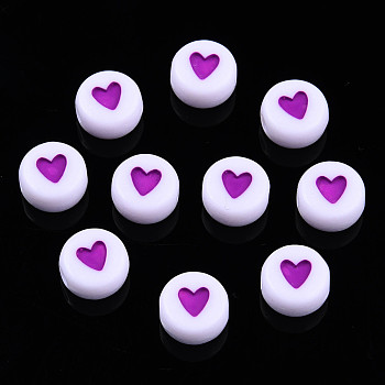 Opaque Acrylic Beads, with Enamel, Flat Round with Heart, Blue Violet, 7x3.5mm, Hole: 1.2mm, about 3600~3700pcs/500g
