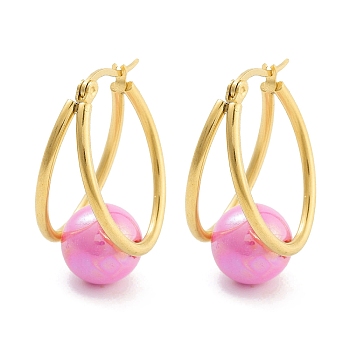 Ion Plating(IP) 304 Stainless Steel & Plastic Imitation Pearl Oval with Ball Hoop Earrings for Women, with 316 Stainless Steel Pins, Hot Pink, 32x15.5x19.5mm