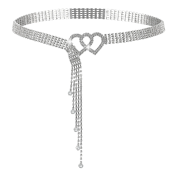Iron Glass Rhinestone Cup Chain Belt with Brass Heart Buckle, Sparkling Waist Belt for Shirt Dress Decoration, Gray, 47-1/8 inch(119.6cm)