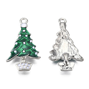 Alloy Christmas Tree Enamel Pendants For Christmas Day, Platinum, Green, 34x19.5x3mm, Hole: 1mm