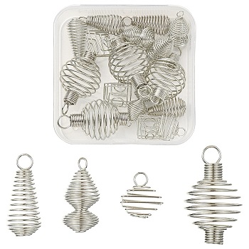 20Pcs 4 Styles Iron Alloy Spring Spiral Bead Cage Pendants, Cage Charms, Mixed Shapes, Platinum, 15~34x9.5~19mm, Hole: 2.5~4.5mm, 5pcs/style