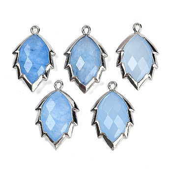 Dyed Natural Jade Faceted Leaf Pendants, Rack Plating Brass Charms, Platinum, Sky Blue, 23x13.5x5.5mm, Hole: 1.2mm