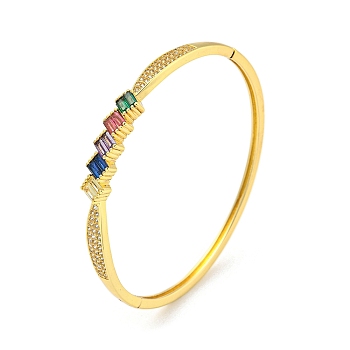 Brass Micro Pave Clear Cubic Zirconia Hinged Bangles, Rhombus Colorful Glass Bangles for Women, Real 18K Gold Plated, Inner Diameter: 2 x 2-1/4 inch(5.1x5.55cm)