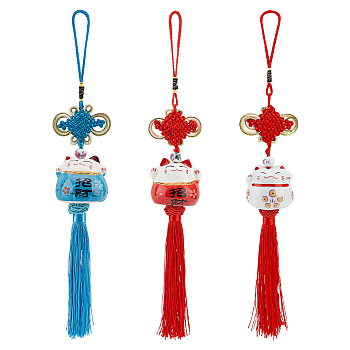 AHADEMAKER 3Pcs 3 Colors Ceramic Lucky Cat Car Pendant Decorations, Chinese Knot Hanging Ornament, with Polyester Tassel, Mixed Color, 326mm, 1pc/color