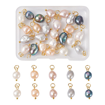 30Pcs 5 Colors Natural Cultured Freshwater Pearl Pendants, Potato Charm, with Golden Brass Findings, Mixed Dyed and Undyed, Mixed Color, 16~19x8~9x8~9mm, Hole: 3mm, 6pcs/color