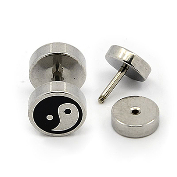 Feng Shui Punk Rock Style 304 Stainless Steel Screw Fit Ear Gauges, Earlobe Plugs, with Enamel, Yin Yang, 12mm, Pin: 1mm