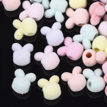 Flocky Acrylic Bunny Beads, Rabbit Head, Mixed Color, 11x10x7.5mm, Hole: 2.5mm
