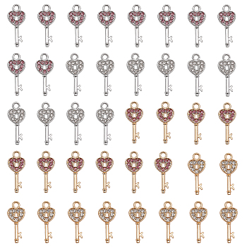 40Pcs 4 Colors Alloy Rhinestone Pendants, Heart Key, Platinum & Golden, 25x11x2mm, Hole: 2.5mm, 10Pcs/color
