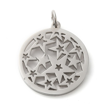 304 Stainless Steel Pendants, with Jump Ring, Flat Round, Stainless Steel Color, Star, 33x29.5x2mm, Hole: 5.5mm