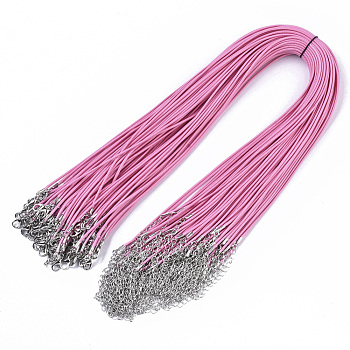 Waxed Cotton Cord Necklace Making, with Alloy Lobster Claw Clasps and Iron End Chains, Platinum, Hot Pink, 44~48cm, 1.5mm