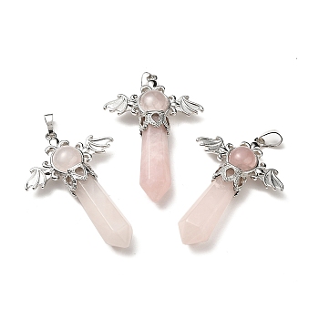 Natural Rose Quartz Pendants, Angel Charms, with Rack Plating Platinum Tone Brass Findings, Cadmium Free & Lead Free, 52~53x37x11mm, Hole: 8x5mm