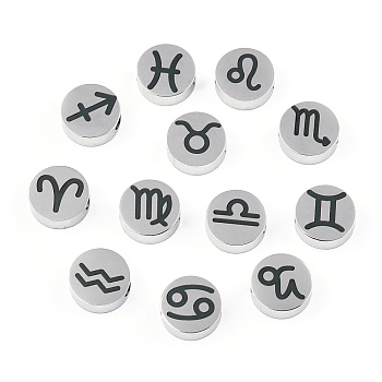 201 Stainless Steel Beads, Laser Cut, Flat Round with 12 Constellations, Stainless Steel Color, 8x3mm, Hole: 2mm, 12pcs/set
