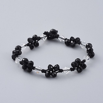 Handmade Glass Beads Bracelets, with Nylon Thread, Faceted, Black, 7-1/2 inch(19cm)