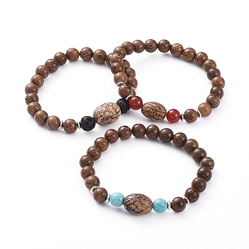 Unisex Wood Beads Stretch Bracelets, with Natural & Synthetic Gemstone Beads, Platinum Plated Brass Spacer Beads and Oval Bodhi Beads, 2-3/8 inch(6.2cm)