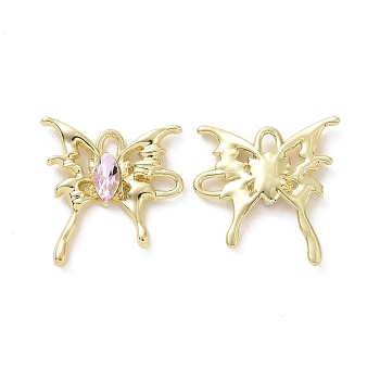 Rack Plating Alloy Connector Charms, Butterfly Links with Glass, Light Gold, Cadmium Free & Lead Free & Nickle Free, Pearl Pink, 29x28x4.5mm, Hole: 3.5x2.5mm